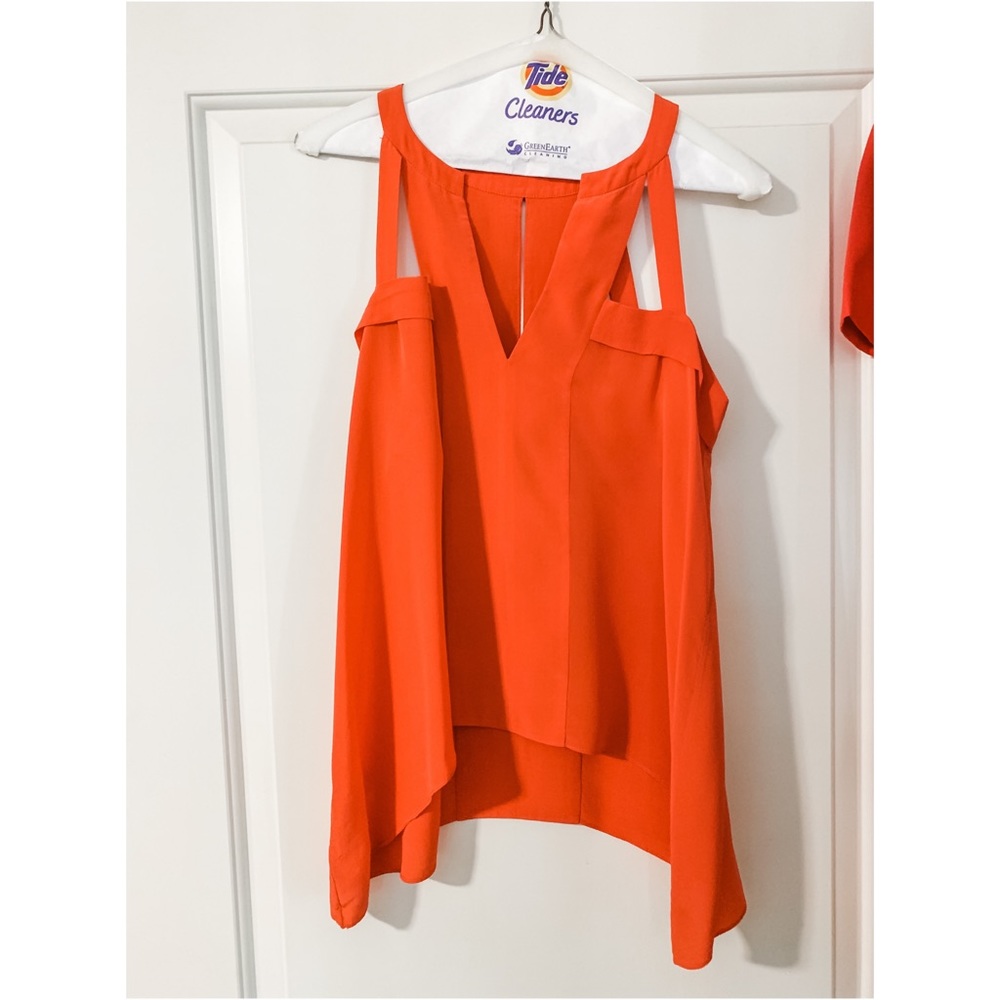 BCBGMaxAzria Asymmetrical Sleeveless Blouse, Red-Orange, Size S
